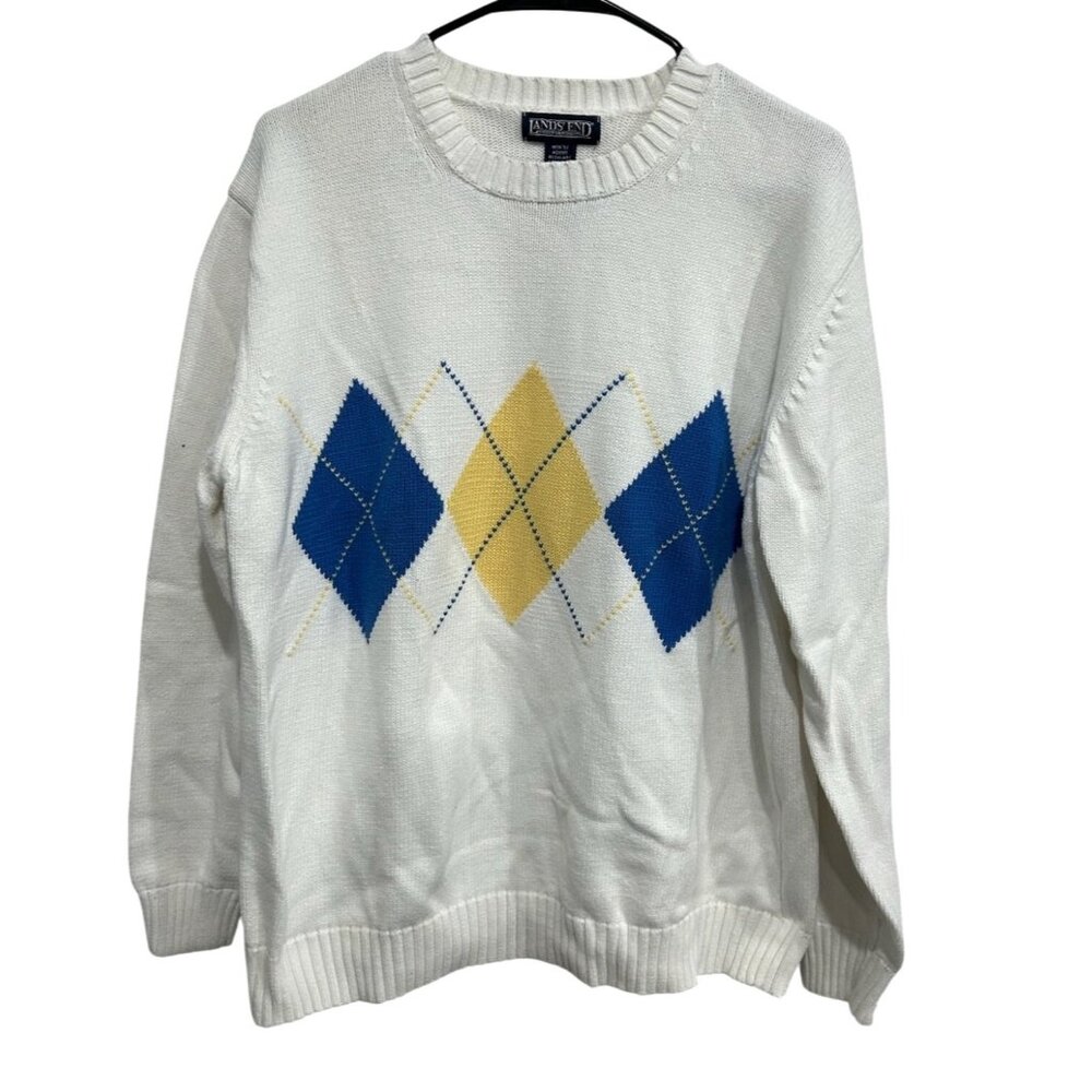 Lands End Mens Argyle Sweater White Blue Yellow Cotton Sz Large